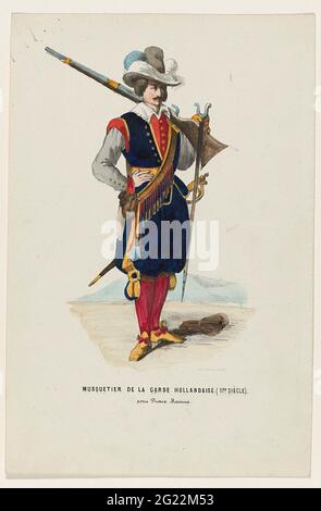 Musquetier De La Garde Hollandaise (17. Siècle). Sous Prinz maurice. Mann in historischer Tracht eines Musketierers der niederländischen Garde unter Prinz Maurits, 17. Jahrhundert. Am 26. Februar 1845 fand im Palast des Fürsten von Oranien (des späteren Königs Willem III.) in Den Haag eine Präsentation zum Blech über dem kostümierten Ball statt. Stockfoto