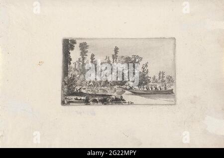 Landschaft mit Männern im Boot; sechs Landschaften. Blick auf einen Fluss mit einem Boot mit Figuren. Am Wasser, am Waldrand, gibt es einen Reiter und vier Männer. Der Druck ist Teil einer Serie von sechs Landschaften. Stockfoto