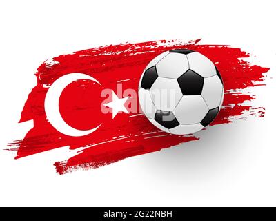 Realistischer Fußball auf Flagge der Türkei aus Pinselstrichen. Vektor Fußball Design Element Stock Vektor