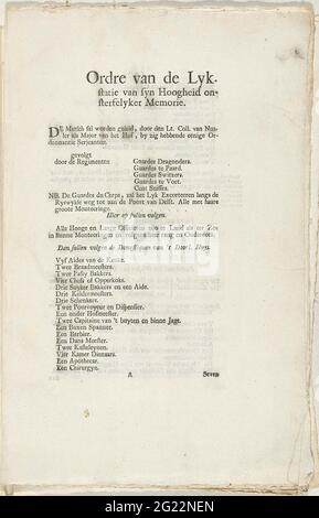 Zehn Klingen mit einer Beschreibung der Trauerprozession von Willem IV., 1752; Ordre der Lykstation der SYN-Hoheit Onsterfelyker Memorie. Ein Faltprospekt mit fünf doppelt gefalteten Textblättern, nummeriert von 2 bis 18, bildet zusammen ein Büchlein mit einer Beschreibung der Trauerprozession des Stadholders Willem IV. Am 4. Februar 1752 in Delft. Stockfoto