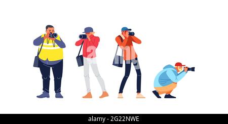Fotografen oder Paparazzi, die Fotos machen. Fotojournalist, Kameramann, der Krieg und Konflikte, Straßenunruhen dokumentiert. Charaktere Journalisten Reporter machen Stock Vektor