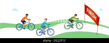 Wettbewerb der Radfahrer. Fahrrad-Sport-Rennen mit roter Flagge Ziel. Outdoor-Sportkonzept. Vektor im flachen Stil. Stock Vektor
