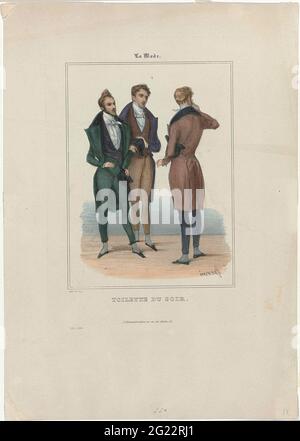 La-Modus, 1831, pl. 120: Toilette du Soir. Drei Herren in Abendkleidung anno 1831: Jacke mit breitem Revers, Strickjacke und langer Hose. Geknüpftes Nackentuch, Hut in der Hand. Flache Schuhe mit eckigen Nasen. Drucken Sie aus dem Magazin im La-Modus (1829-1855). Stockfoto