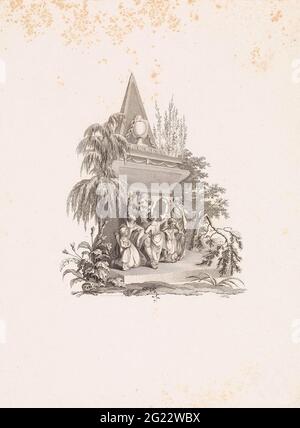 Bestattungsfamilie am Grab. Ein Mann trauert am Grab der Mutter seiner Kinder um seine fünf Kinder. Er hat ein Silhouette-Porträt in der Hand, wahrscheinlich von seiner verstorbenen Frau. Stockfoto