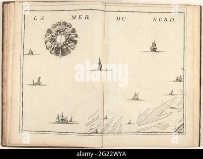 Karte der Nordsee, ca. 1706-1712; La Mer du Nord. Karte der Nordsee, oben links eine große Windrose, unten rechts von Dünkirchen, ca. 1706-1712. Teil einer gebündelten Sammlung von Plänen von Schlachten und Städten, die im spanischen Erbfolgekrieg bekannt waren. Diese Platte gehört zu den ersten 24 Platten, die zusammen eine sehr große Karte der südlichen Niederlande bilden. Stockfoto