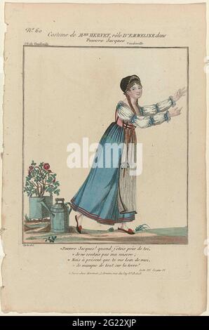 Petite Galerie Dramatique, 1796-1843, Nr. 60: COSTUME DE MME HERVEY (...) .. Kostüm der Schauspielerin Mme Hervey in der Rolle der Emmeline aus der Farce 'Pauuvre Jacques' der Brüder Théodore und Hippolyte Cogniarard, inszeniert im 'Théâtre du Vaudeville'. Mit vier Textzeilen aus der dritten Tat, Szene sechs. Stockfoto