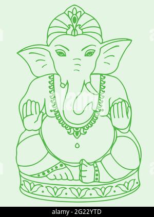 Zeichnung oder Skizze eines sitzenden Lord Ganesha isoliert auf einem hellgrünen Hintergrund Stockfoto
