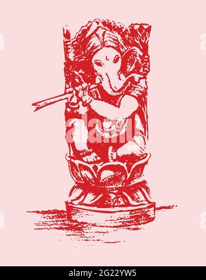 Zeichnung oder Skizze eines Lord Ganesha, der Flöte spielt, isoliert auf einem rosa Hintergrund Stockfoto