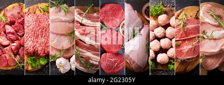 Lebensmittelcollage verschiedener Sorten frisches Fleisch auf dunklem Hintergrund, Draufsicht Stockfoto