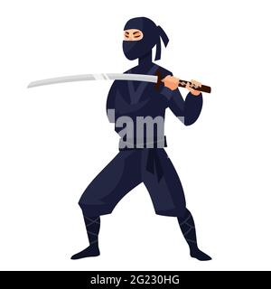 Ninja in Angriffsposition. Japan Charakter im Cartoon-Stil. Stock Vektor