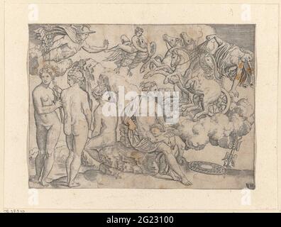 Venus mit Amor und Jupiter mit ganymedes. Im Vordergrund befindet sich die Venus mit dem schlafenden Amor zwischen ihren Beinen. Links die drei Genüssen, eine mit einer Flöte in den Händen. In der Luft links Merkur, in der Mitte Jupiter in Form eines Adlers mit ganymedes auf dem Rücken und rechts Phaëthon, die aus seinem Auto durch den Blitz des Jupiter fällt. Stockfoto