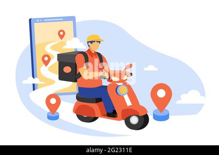 Flache Stil Illustration, Online-Lieferservice. Junger Mann mit großem Rucksack, der auf einem Roller mit gps-Tracking-Markierungen reitet. Stock Vektor