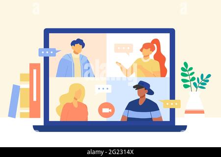 Online-Videoanrufe von Freunden. Flache Darstellung des Laptop-Bildschirms mit Personen, die sich bei einem Videochat treffen. Stock Vektor