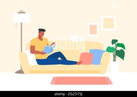 Mann entspannt sich auf dem Sofa im Wohnzimmer und liest Buch, flache Stil Illustration. Mann, der seine Freizeit in der Halle genießt Stock Vektor