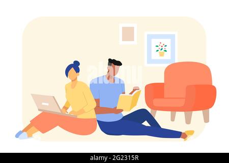 Flache Illustration, Paar, das zu Hause bleibt. Frau mit Laptop und Mann, der ein Buch im Wohnzimmer liest Stock Vektor