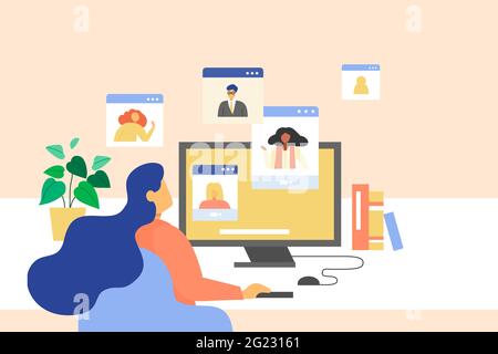 Junge Frau, die mit Kollegen über einen Videoanruf spricht. Konzept der Online-Konferenz von zu Hause aus. Remote-wfh während der Quarantäne in flacher Darstellung Stock Vektor