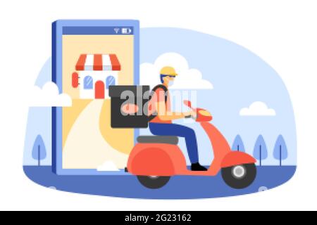 Mann, der während einer Pandemie Lebensmittel sicher liefert. Flache Stil Illustration Lieferung Mann trägt schützende Gesichtsmaske mit Heizung Rucksack Reiten auf Motor bik Stock Vektor