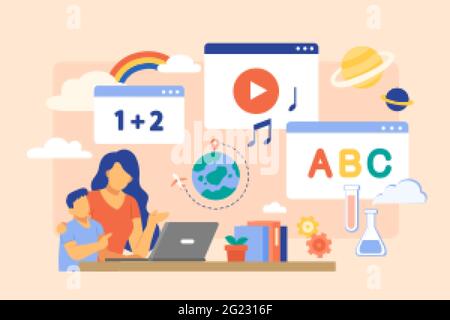 Frau, die zu Hause einen Jungen mit einem Laptop betreut. Online-Lernen und Home-Schooling-Konzept in flachen Stil Illustration. Stock Vektor