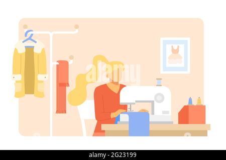 Frau, die an der Nähmaschine arbeitet. Flache Illustration einer Frau, die Schneiderei betreibt. Stock Vektor