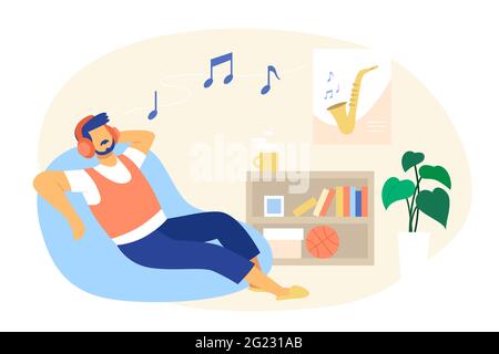 Mann, der auf einer Bean Bag liegt und Musik über Kopfhörer hört. Flacher Stil Illustration Mann genießen Musik hören. Stock Vektor