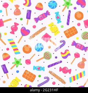 Niedliches, mehrfarbiges Bonbon-Set. Zuckerbonbons auf hellem Hintergrund. Gummy, Schokolade, Karamell, Lutscher, Gelee, Pfefferminze, Marmelade, Tropfen verschiedener Stock Vektor