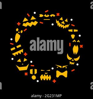 Kürbiskranz mit gruseligen, schrecklichen, lustigen Gesichtern für Happy Halloween. Kranz in orange, schwarz, weiß Farben für Ihre Plakate, Banner, Hintergründe, sa Stock Vektor