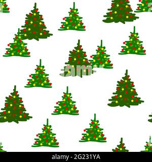 Festliche Weihnachtsbäume nahtloses Muster. Grüne Tannen, dekoriert für Neujahr auf weißem Hintergrund. Gelbe und rote dekorative Urlaubselemente. Vect Stock Vektor