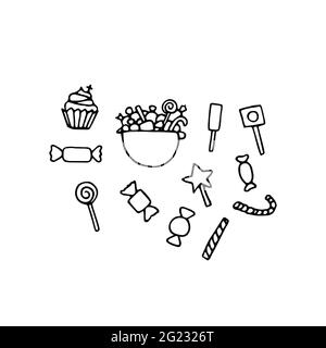 Set von Vektor festliche Doodle Süßigkeiten. Skizzieren Süßigkeiten, Cupcakes, Kuchen, Süßigkeiten, Pfefferminzstäbchen isoliert auf weißem Hintergrund. Handgezeichnetes Dessert für k Stock Vektor