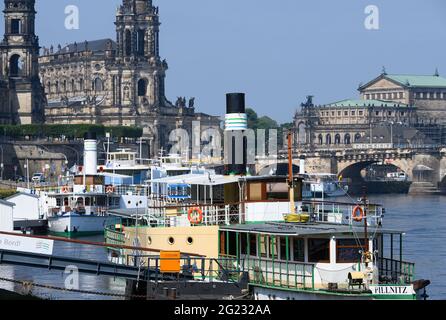 Dresden, Deutschland. Juni 2021. Die Dampfer der Sächsischen Dampfschiffahrt liegen auf den Terrassen vor der Altstadt mit der Hofkirche und der Semperoper (r). Quelle: Robert Michael/dpa-Zentralbild/ZB/dpa/Alamy Live News Stockfoto