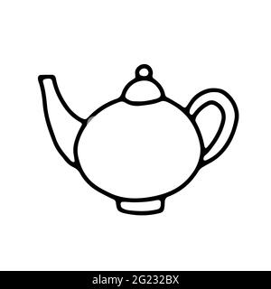 Doodle traditionelle handgezeichnete Teekannen. Umreißen Sie den Wasserkocher isoliert auf weißem Hintergrund. Gemütliche Küchenutensilien, niedliche Küchenutensilien, Geschirr für Tee, Kaffee, dr Stock Vektor