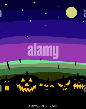 Halloween-Banner mit Kürbissen Silhouetten auf Nachthintergrund. Die herbstliche, unheimliche Landschaft Fröhliche Halloween gruselige Postkarte. Vektor Stock Illustration mit Stock Vektor