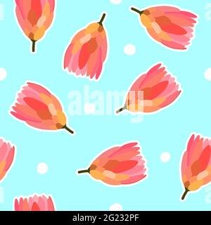Nahtloses Vektor-Muster mit Blumenaufklebern. Pink Protea Blumen auf blauem Punkt Hintergrund. Linien, Blumen, Pflanzen Illustration für Geschenkpapier, Karten, Klo Stock Vektor