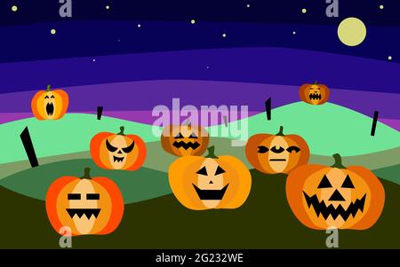 Halloween-Banner mit Kürbissen auf dunklem Nachthintergrund. Herbstlandschaft. Figuren mit beängstigenden Gesichtern, Himmel, Sternen, Mond, Feld, Kürbisse Happy Ha Stock Vektor