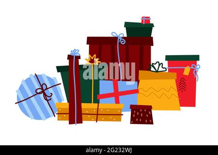 Weihnachtsgeschenke im skandinavischen Stil Konzept. Stapel von verschiedenen farbigen präsentiert isoliert auf weißem Hintergrund. Neujahrsgrüße eingestellt. Dekorierte Kästen Stock Vektor
