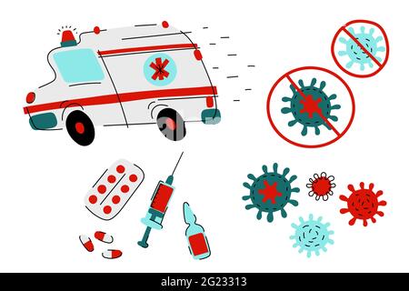 Cartoon Vektor medizinisches Set. Krankenwagen, Spritze, Medikamente, Coronavirus-Schild auf weißem Hintergrund. Schnelle Rettung, Illustration zur Impfung. Handzeichnen Stock Vektor