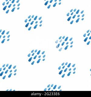 Aquarell nahtloses Vektormuster. Blaue Farbstriche isoliert auf weißem Hintergrund. Aquarellflecken, Spritzer, Regen, Wasser, Tropfen, Wolken. Bindefarbstoff Stock Vektor