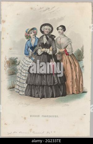 Journal des Demoiselles, 1851, No. 303: Modes Françaises .. Eine ältere Frau trifft bewaffnet mit zwei jungen Frauen. Die Frau rechts hat eine gestreifte Handtasche in der Hand. Druck aus der Zeitschrift Mode Journal des Demoiselles (1833 -1922). Stockfoto