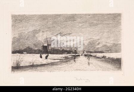 Skater in einer holländischen Landschaft. Skater mit einer Geschwindigkeit. Links kommen zwei Skater aus einem Graben. Drei Mühlen in der Ferne. Stockfoto