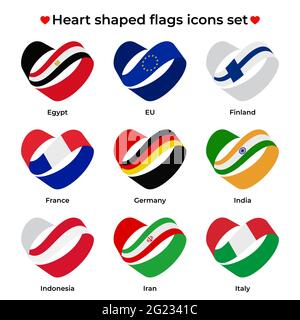 Symbole für herzförmige Flaggen gesetzt. Symbol-Flag von Ribbon Locken. Vektorsymbol, Symbol, Schaltfläche. Abbildung in flacher Ausführung Stock Vektor