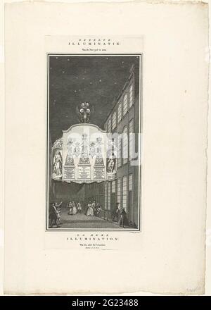 Illumination im Haus von Anthoni de Groot (Westseite) zu Ehren der Krönung von Kaiser Frans I. Stefan, 1745; Donkey-Illumination: Von der West-Zyde zu sehen / La Meme Illumination: vûë du Côté de l'obcident; Beschreibung Beschreibung des Principales Rejouissances, Faites à la Haye, A l'occasion du Couronnnement de (...) François I / LIEFERUNG der wichtigsten Joy-Wives in 's Gravenhage anlässlich der Krooning von Zyne Keizerlyke Majestät Franciscus I. Illuminatie anlässlich der Krönung von Frans I. Stefan an Keizer am 4-6. Oktober 1745 gegründet für das Haus des Verlegers Anth Stockfoto