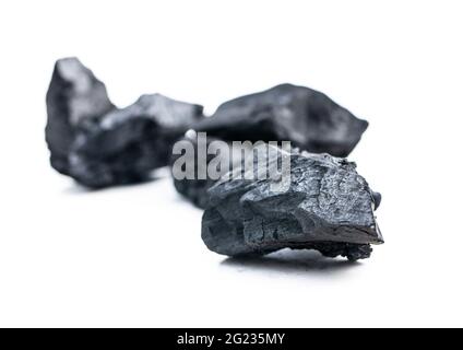 Die schwarze Kohle isoliert auf weißem Hintergrund. Stockfoto