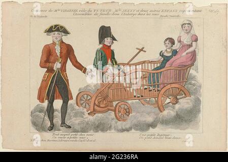 Petite Galerie Dramatique, 1796-1843, Nr. 257: Kostüme die MLLE Virgini (...) .. MLLE Virginie Kostüme in der Rolle des Tutors. Mlles Jenny und zwei weitere Kinder in einem Wagen in den Wolken. 'Parody Vaudeville' ist in 'Théâtre du Vaudeville' in Paris aufgewachsen. Mann, der in einem Frak mit Kontrastbesatz aufragt. Shorts. Faltiger Jabot und Manschetten. Strümpfe. Schuhe mit quadratischen Schnallen. Gehstock. Mit vier Textzeilen aus der siebten Szene. Druck aus der Zeitschrift Petite Galerie Dramatique Ou Recueil de différents Costumes d'Actors des Théâtres de la Capitale (1796-1843). Stockfoto