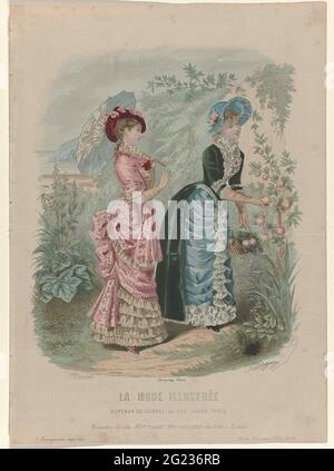 La Mode Illustrée, Journal de la Famille, Dimanche 20 AOUT 1882, No. 34: Toilettes de la Mo. FLADRY (...). Zwei Frauen pflücken Obst, bekleidet mit Kleidern im „Tapissier“-Stil. Der Bildunterschrift zufolge sind die Formen des Maison Fladry Nachfolger von Coopsinet. Druck aus dem Modemagazin La Mode Illustrée (1860-1937). Ausgeschlossene Beschreibung der Kleidung auf Seite 266 und 267 'Beschreibung der Toiletten'. Stockfoto