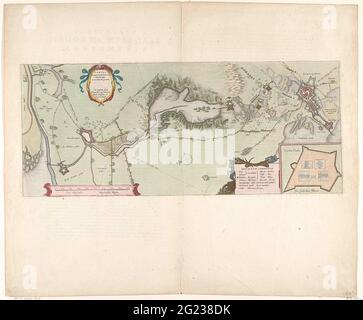 Karte der Belagerung von Bergen op Zoom, 1622; Tabula bergarum ad zomam stenbergae et novorum IBI operum; Descriptio Bergarum Ad Zomam, Steenbergae & C Novorum IBI Operum. Karte der gescheiterten Belagerung von Bergen op Zoom durch die spanische Armee unter Spinola und Velasco, 18. Juli - 3. Oktober 1622. Karte von Bergen op Zoom mit der Gegend um Steenbergen. Mit drei Kartuschen mit dem lateinischen Titel, einer niederländisch-lateinischen Wortdeklaration und der Karte des Fort Pinsen (Castra Pinsii). Gedruckt auf einem Doppelblatt auf der Rückseite mit lateinischem Text. Stockfoto