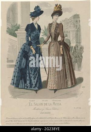 El Salon de la Moda, 1888, V No. 124, no 891: Montaner y Simon (...). Zwei Frauen im Wanderanzug, mit passendem Hut. Druck aus dem spanischen Modemagazin El Salon de la Moda. Stockfoto