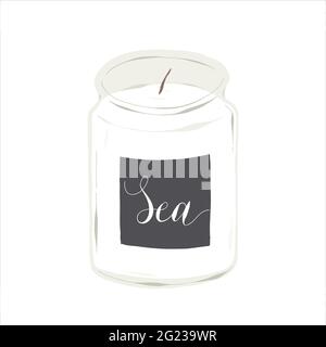 Duftende Soja-Kerze im Glas, aromatische Kerze für Zuhause Aromatherapie, skandynavianischen Stil Innendekoration, handgezeichnete Vektor-Illustration Stock Vektor