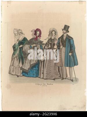 Eil post für Moden, 1838 IIR Jahrgang, (47). Drei Frauen in Mänteln, Röcken und Rock. Baldachin Hüte mit Voile. Mann im Mantel mit kontrastierendem Schulterkragen und Ärmelabschluss sowie kariertem Futter. Doppelt reitende Strickknöpfe an einer gestreiften Hose. Ausgestrecktes Nackentuch und Jabot. Accessoires: Zylinderhut, Handschuhe, Gehstock, Schuhe mit Fersen und eckigen Nasen. Druck aus dem Modemagazin Eilpost für Moden (1837-1839). Stockfoto