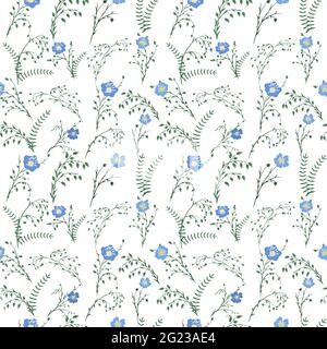 Nahtloses Blumenmuster. Wildblumen und Gräser, Flachsknospen und Blüten, Farnblätter auf weißem Hintergrund. Zum Bedrucken von Textilien, Packpapier, p Stock Vektor