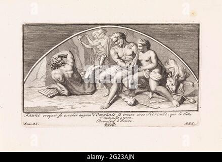 Bas-Relief mit Herkules und Omphal; Faune CROYANT SE COUCHER AUPRES D'OMPHALE SE TROUVE AVEC Hercule, Qui Le Sette Rugement A Terre. Herkules in Frauenkleidung und Königin Omphal sitzen im Schlafzimmer. Pan - die in die Königin verliebt ist - liegt neben dem Bett, wo er gerade durch Herrues gefallen ist. Im Hintergrund wurden Rundhale mit einer Fackel gestimmt. In der Mitte der Nummerierung: XXVIII. Stockfoto