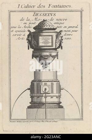 Brunnen mit drei Ausläufern; I Cahier des Fontaines; Dessoints de la Fashion Neuve au Gicht Antique (...). Entwurf für einen Sockel mit drei Wasserströmen auf einer antiken Vase mit zwei Masken. Stockfoto